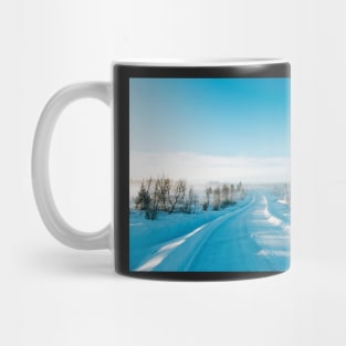 Blue Scandinavian Winter Landscape With Mysterious Fog on Sunny Cold Day Mug